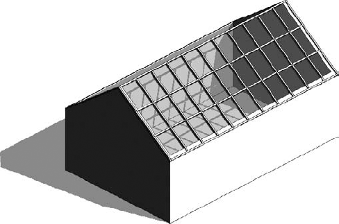 Sloped glazing is created by switching a standard roof to the Sloped Glazing type and assigning grids and mullions.