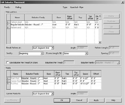 Baluster Placement dialog box for Guardail — Pipe family