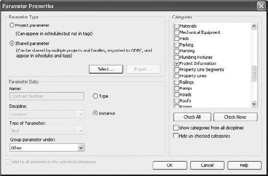 Using the Parameter Properties dialog box to create our shared parameter