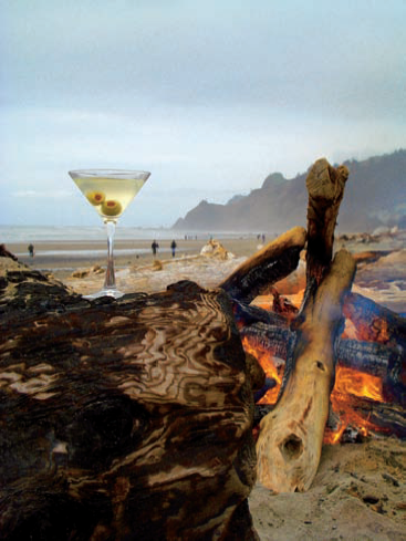 A point-and-shoot camera in Aperture Priority mode with a variable aperture lens was used to make this image of a cocktail and a bonfire on the beach along the Oregon coast. Even with an aperture of f/9, there is still adequate depth of field throughout the scene to render the fire, people, and mountains acceptably sharp. Exposure: ISO 100, f/9, 1/100 second.