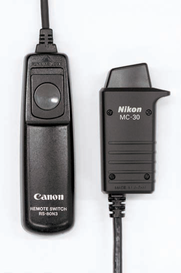 Remote switches or cable releases, such as the Canon RS-80N3 on the left and the Nikon MC-30 on the right, ensure sharp images by allowing you to trip the shutter without actually having to press the Shutter Release button on the camera and possibly vibrating the camera during the exposure.