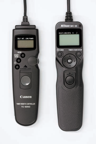 Timer remote controls, also known as intervalometers, such as the Canon TC-80N3 on the left and the Nikon MC-36 on the right, allow you to take a series of photos at set intervals. You can use them to time a very long exposure.