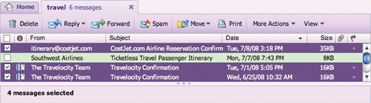 Yahoo! Mail uses a scrolled list for its messages; selection includes what is in the visible part of the list as well as what is scrolled out of view