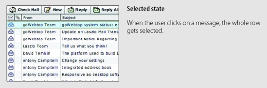 Laszlo WebTop Mail uses highlighting to indicate row selection