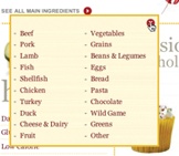 Yahoo! Foods All Main Ingredients drop-down is activated by clicking on the arrow and can only be deactivated by clicking the close button (X)