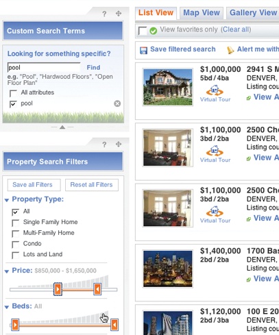 Roost uses sliders and a custom search area to refine searches