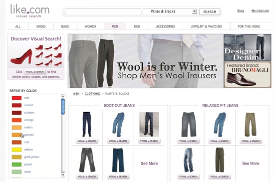 Like.com uses colors, textures, shape, and sizes to refine product searches