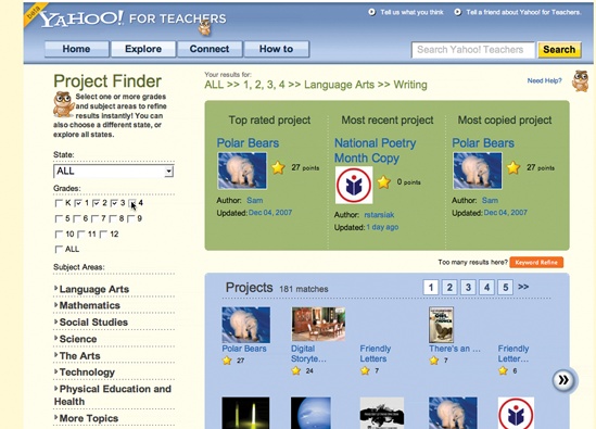 Yahoo! for Teachers triggers Refining Search following a burst of user interaction with the refinement filters