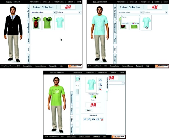 Clicking on different articles of clothing is immediately reflected on the virtual model