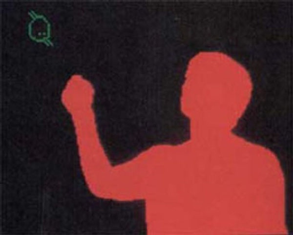 In VIDEOPLACE, users in separate rooms were able to interact with one another and with digital objects. Video cameras recorded users' movements, then analyzed and transferred them to silhouette representations projected on a wall or screen. The sense of presence was such that users actually jumped back when their silhouette touched that of other users. Courtesy Matthias Weiss.