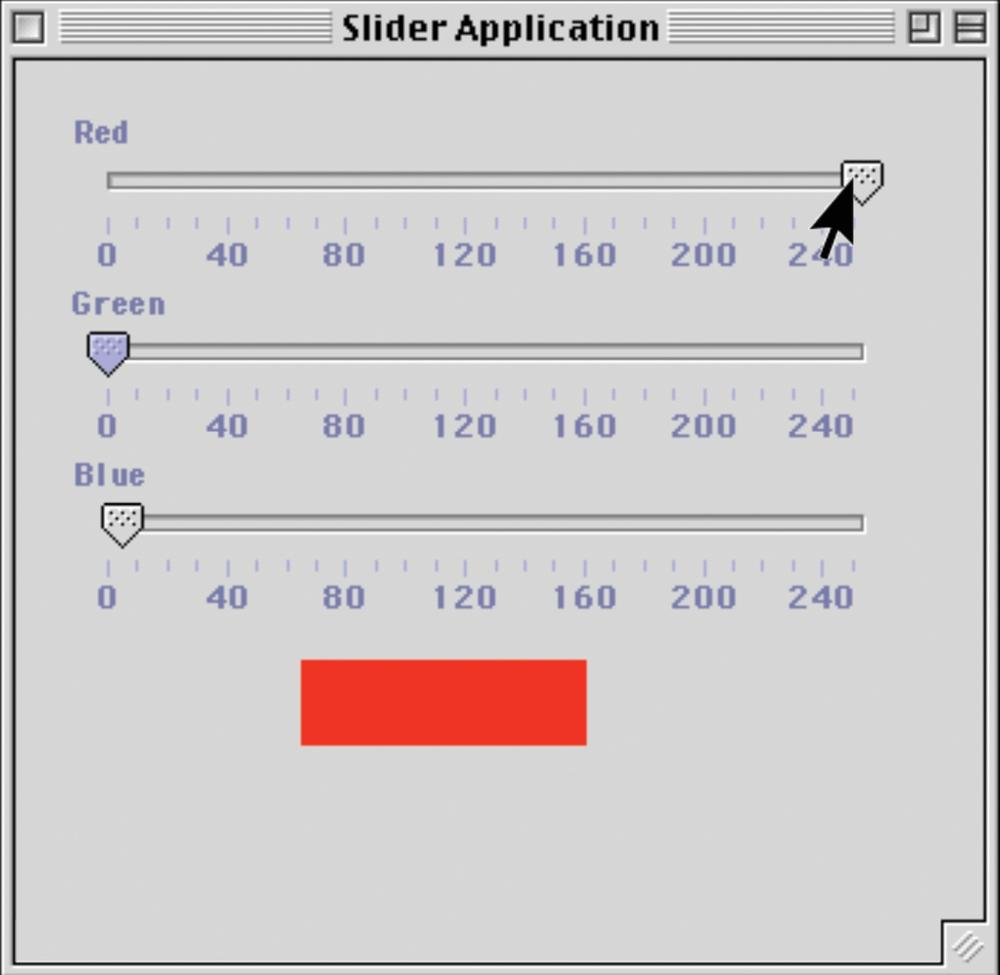 An illustration of the difference between designing for a cursor and designing for a hand. The hand covers up not only the labels on the slider, but also the display showing the color that is being created.