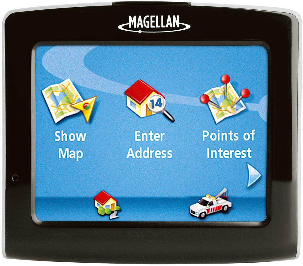 The Magellan Maestro 3210, since it is a more personal device than a kiosk, assumes that you know it is a touchscreen and simply provides major menu items with basic text instructions and icons. Courtesy Magellan.