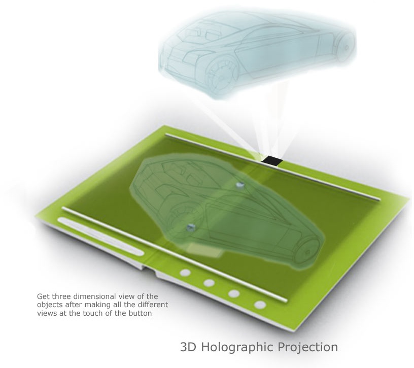 This concept of a future touchscreen PC by Harsha Kutare and Somnath Chakravorti shows a possibility for using 3D projections as a design tool. Courtesy Microsoft and IDSA.