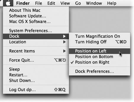 In this book, arrow notations help to simplify folder and menu instructions. For example, “Choose →Dock→Position on Left” is a more compact way of saying, “From the menu, choose Dock; from the submenu that then appears, choose Position on Left,” as shown here.