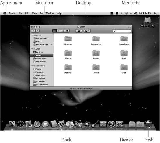 The Mac OS X landscape looks like a more futuristic version of the operating systems you know and love. This is just a starting point, however. You can dress it up with a different background picture, adjust your windows in a million ways, and, of course, fill the Dock with only the programs, disks, folders, and files you need.