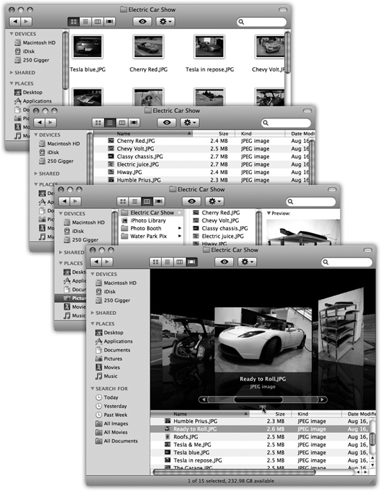 From the top: The same window in icon view, list view, column, and Cover Flow views. Very full folders are best navigated in list or column views, but you may prefer to view emptier folders in icon or Cover Flow views, because larger icons are easier to preview and click. Remember that in any view (icon, list, column, or Cover Flow), you can highlight an icon by typing the first few letters of its name. In icon, list, or Cover Flow view, you can also press Tab to highlight the next icon (in alphabetical order), or Shift-Tab to highlight the previous one.