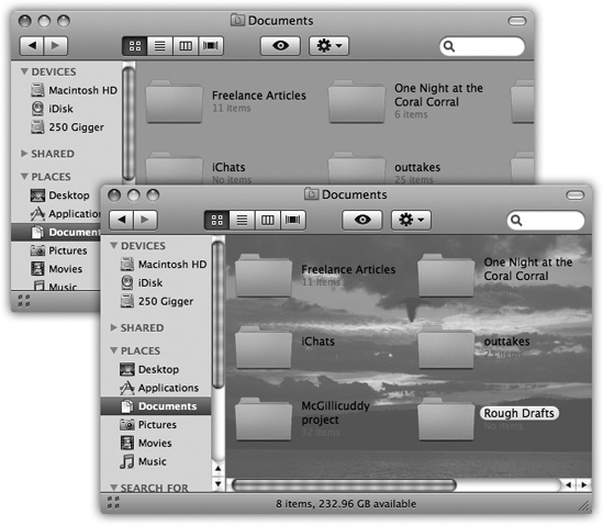 The View Options dialog box for an icon view window offers the chance to create colored backgrounds for certain windows or even to use photos as window wallpaper (bottom). Using a photo may have a soothing, annoying, or comic effect—like making the icon names completely unreadable. (Note, by the way, how the icon’s names have been set to appear beside the icons, rather than underneath. You now have all the handy, freely draggable convenience of an icon view, along with the more compact spacing of a list view.)