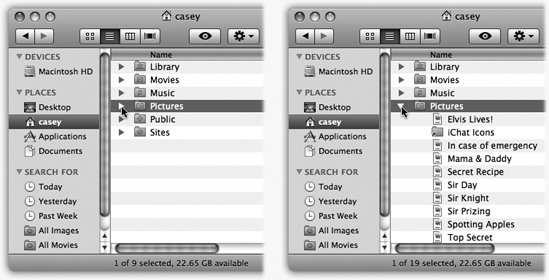 Click a “flippy triangle” (left) to see the list of the folders and files inside that folder (right). Or press the equivalent keystrokes: -> (to open) and -< (to close).