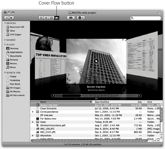 The bottom half of a Cover Flow window is identical to list view. The top half, however, is an interactive, scrolling “CD bin” full of your own stuff. It’s especially useful for photos, PDF files, Office documents, and text documents. And when a movie comes up in this virtual data jukebox, you can point to the little ▸ button and click it to play the video, right in place.