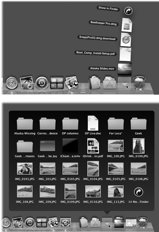 Top: When you click the icon of a folder or disk on the Dock (just one single click), you get this effect: a rainbow that shows what’s inside. Click an icon to open it, just as though you’d double-clicked it in a window. You can even Option-click one icon after another, opening them all while the stack remains arrayed before you. Or grab an icon and drag it right out of the stack—into another window, say. Bottom: If there are too many icons to fit in the arc (as determined by your monitor size), you get this grid instead. Alas, here, too, space is limited. If there are more than fits on the grid, click the “35 more in Finder” icon at the lower right. You go to the folder’s standard Finder window, where you can see the complete list of icons.