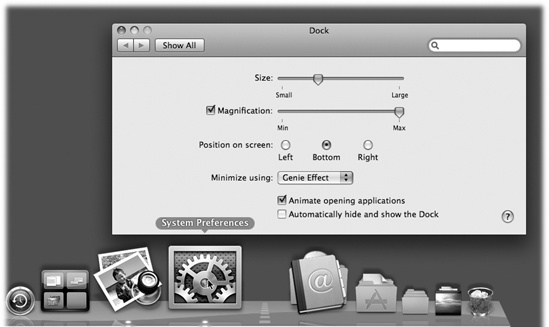 To find a comfortable setting for the Magnification slider, choose →Dock→Dock Preferences. Leave the Dock Preferences window open on the screen, as shown here. After each adjustment of the Dock Size slider, try out the Dock (which still works when the Dock Preferences window is open) to test your new settings.