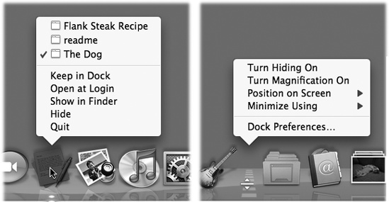 Left: Right-click a Dock icon, or click and hold on it, to open the secret Right: Right-click the divider bar to open a different hidden menu. This one lists a bunch of useful Dock commands, including the ones listed in the →Dock submenu.