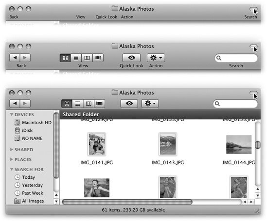 If you -click the upper-right toolbar button repeatedly, you cycle through six combinations of large and small icons and text labels. (Three examples are shown here.) Tip: This same -clicking business cycles through the same toolbar variations in Mail, Preview, and other programs that have toolbars.