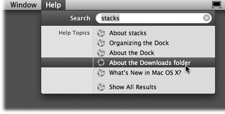 In Leopard, you don’t have to open the Help program to begin a search. No matter what program you’re in, typing a search phrase into the box shown here produces an instantaneous list of help topics, ready to read.