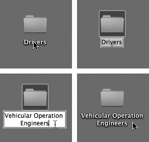 Click an icon’s name (top left) to produce the renaming rectangle (top right), in which you can edit the file’s name. Leopard is kind enough to highlight only the existing name, and not the suffix (like .jpg or .doc). Now just begin typing to replace the existing name (bottom left). When you’re finished typing, press Return, Enter, or Tab to seal the deal, or just click somewhere else.