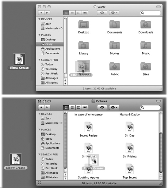 Top: To make spring-loaded folders work, start by dragging an icon onto a folder or disk icon. Don’t release the mouse button. Wait for the window to open automatically around your cursor. Bottom: Now you can either let go of the mouse button to release the file in its new window or drag it onto yet another, inner folder. It, too, will open. As long as you don’t release the mouse button, you can continue until you’ve reached your folder-within-a-folder destination.