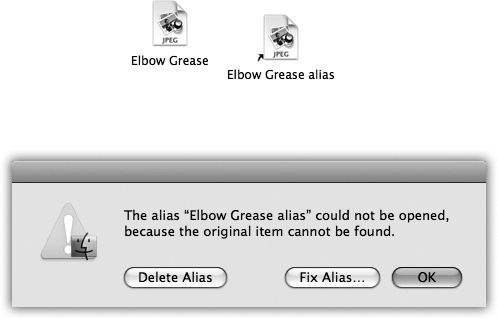 Top: You can identify an alias by the tiny arrow badge on the lower-left corner. (Longtime Mac fans should note that the name no longer appears in italics.) Bottom: If the alias can’t find the original file, you’re offered the chance to hook it up to a different file.