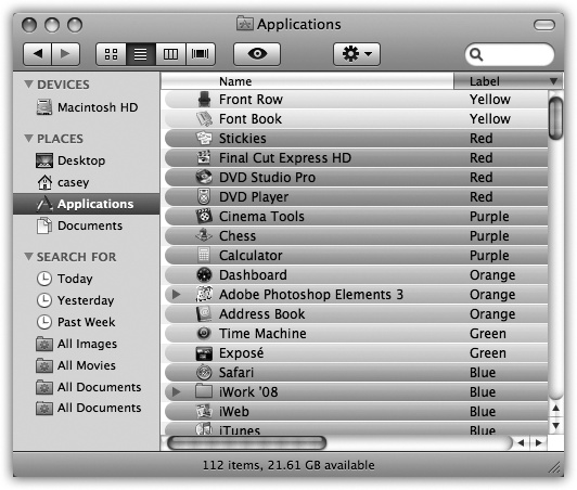 Sorting by label lets you create several different alphabetical groups within a single window. In Leopard, in fact, you can sort by labels in any view (icon, column, whatever), using the View→Show View Options palette. In a list view, the quickest way to sort by label is to first make the label column visible. Do so by choosing View→Show View Options and turning on the Label checkbox.