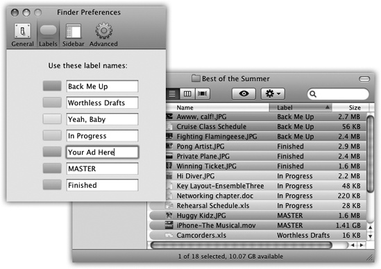 Top left: In the Labels tab of the Preferences dialog box, you can change the predefined label text. Each label can be up to 31 letters and spaces long. Bottom right: Now your list and column views reveal meaningful text tags instead of color names.