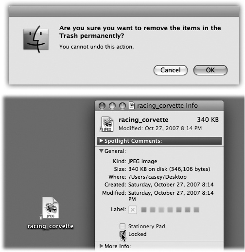 Top: Your last warning. Mac OS X doesn’t tell you how many items are in the Trash or how much disk space they take up. If you’d rather not be interrupted for confirmation every time you empty the Trash, you can suppress this message permanently. To do that, choose Finder→Preferences, click Advanced, and turn off “Show warning before emptying the Trash.” Bottom: The Get Info window for a locked file. Locking a file in this way isn’t military-level security by any stretch—any passing evildoer can unlock the file in the same way. But it does trigger an “operation cannot be completed” warning when you try to put it into the Trash—or indeed when you try to drag it into any other folder—providing at least one layer of protection against mistakes.