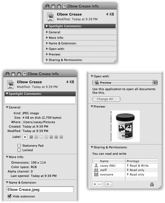 Top: The Get Info window can be as small as this, with all of its information panes collapsed. Bottom: Or it can be as huge as this—it’s shown here split in two because the book isn’t tall enough to show the whole thing—if you click each flippy triangle to open its corresponding panel of information. The resulting dialog box can easily grow taller than your screen, which is a good argument for either (a) closing the panels you don’t need at any given moment or (b) running out to buy a really gigantic monitor. And as long as you’re taking the trouble to read this caption, here’s a tasty bonus: There’s a new, secret command in Leopard called Get Summary Info. Highlight a group of icons, press Control--I, and marvel at the special Get Info box that tallies up their sizes and other characteristics.