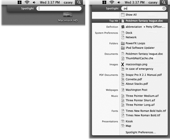 Left: Press -Space, or click the magnifying-glass icon, to make the search bar appear. Right: As you type, Spotlight builds the list of every match it can find, neatly organized by type: programs, documents, folders, images, PDF documents, and so on.