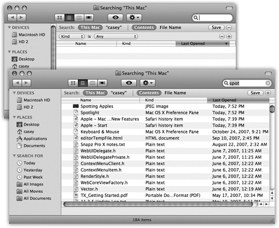 The Spotlight window either lists nothing (top)—or everything on your hard drive (bottom), depending on how you open it. Either way, it’s ready to search your entire hard drive (except other people’s Home folders). But Spotlight has many tricks up its software sleeve.