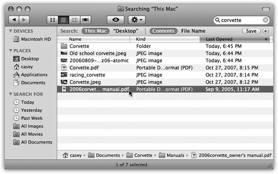 Click a result once to see where it sits on your hard drive (very bottom). If the window is too narrow to reveal the full folder path, run your cursor over them without clicking. As your mouse moves from one folder to another, Leopard briefly reveals its name, compressing other folders as necessary to make room. (Sub-tip: You can drag icons into these folders, too.