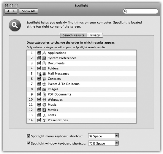 Here’s where you can specify what categories of icons you want Spotlight to search, which order you want them listed in the Spotlight menu, and what keystroke you want to use for highlighting the Spotlight bar.