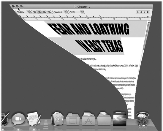 When you click the center button on a window title bar, double-click the title bar, or press -M, you minimize that window, getting it out of your way and off your screen. Minimizing on the Mac is a lot like minimizing in Windows; the minimized window is now represented by an icon on your Dock, which you can click to reopen the window.