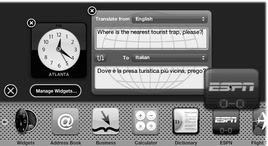 You’ll probably have to scroll the Widget Bar to see all the widgets, by clicking the arrows at either end. When you’re finished opening new widgets, close the Widget Bar by clicking its circled X button at the left side of your screen.