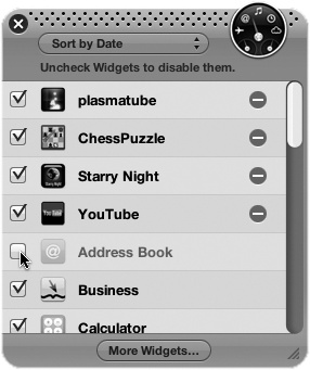 The Widget widget (whose icon appears at lower left in ) opens up this list of widgets. Turn off a check mark to hide a widget, or click - to completely uninstall any widget you installed yourself. The ones whose boxes aren’t checked are the ones that no longer appear on the Widgets bar.