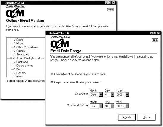 O2M’s wizard-like screens take you gently by the hand and walk you step by step through the process of moving mail, contacts, and calendar appointments from Microsoft Outlook to your Mac applications. Options abound. When exporting email, you can select exactly which folder you want included (top) or filter mail based on a specified date range (bottom). O2M even works with iCal, converting Outlook appointments and meetings into entries on an iCal calendar.