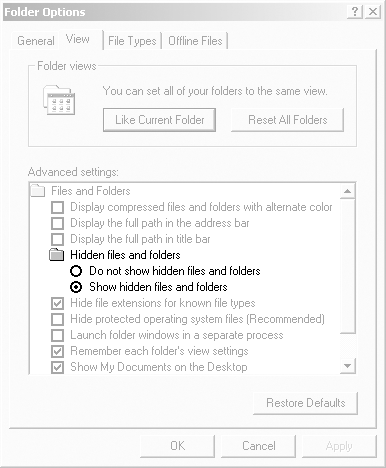 You must uncloak the hidden folders lurking in Windows in order to copy your email files. Here’s the trick: In any open folder window, choose Tools→Folder Options. Switch to the View tab, as shown here. In the Advanced settings, turn on “Show hidden files and folders,” and then click OK. Now you can see all the previously hidden folders—including the Thunderbird ones.