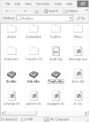 Drill down into the your PC’s Applications Data folder to find the Eudora folder, where your Eudora mailbox files live. The Trash file contains messages you’ve already thrown into Eudora’s trash can. There’s no need to copy that file over to your Mac unless you want to preserve those trashed messages.