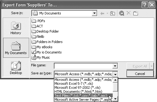 When you export your data from Access, you can choose from any of several formats. The idea is that you’ll transfer the resulting exported file onto your Mac, and then import it into a proper database program there.