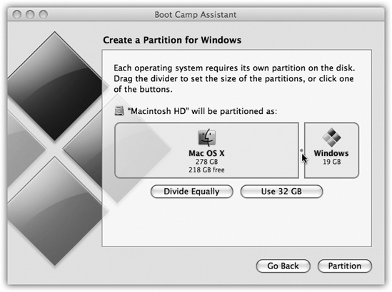 How much hard drive space do you want to dedicate to your “PC”? It’s not an idle question; whatever you give Windows is no longer available for your Mac. Drag the vertical handle between the Mac and Windows sides of this diagram.