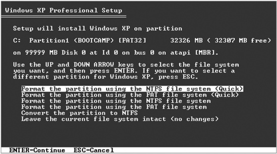 Use the arrow keys to highlight either “Format” the partition using the NTFS file system (Quick)” or “Format the partition using the FAT file system (Quick).” Then press Enter. On the following screen, type F to confirm the formatting, then Enter to confirm the whole thing.