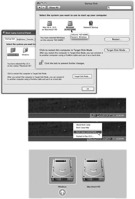 Top: To choose your preferred operating system—the one that starts up automatically unless you intervene—choose →System Preferences. Click Startup Disk, and then click the icon for either Mac OS X or Windows. Next, either click Restart (if you want to switch right now) or close the panel. The identical controls are available when you’re running Windows, thanks to the new Boot Camp Control Panel. Middle: To open the Boot Camp control panel, choose its name from its new icon in the Windows system tray. Bottom:This display, known as the Startup Manager, appears when you press Option during startup. It displays all the disk icons, or disk partitions, that contain bootable operating systems. Just click the name of the partition you want, and then click the Continue arrow.