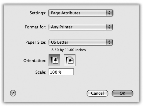 Here in Page Setup are the controls you need to print a document rotated sideways on the page, so it prints “the long way.” The Scale control, which lets you reduce or enlarge your document, can be handy if the program you’re using doesn’t offer such a control. And the Paper Size pop-up menu, of course, specifies the size of the paper you’re printing on—US Letter, US Legal, envelopes, or one of the standard European or Japanese paper sizes (A4 and B5).